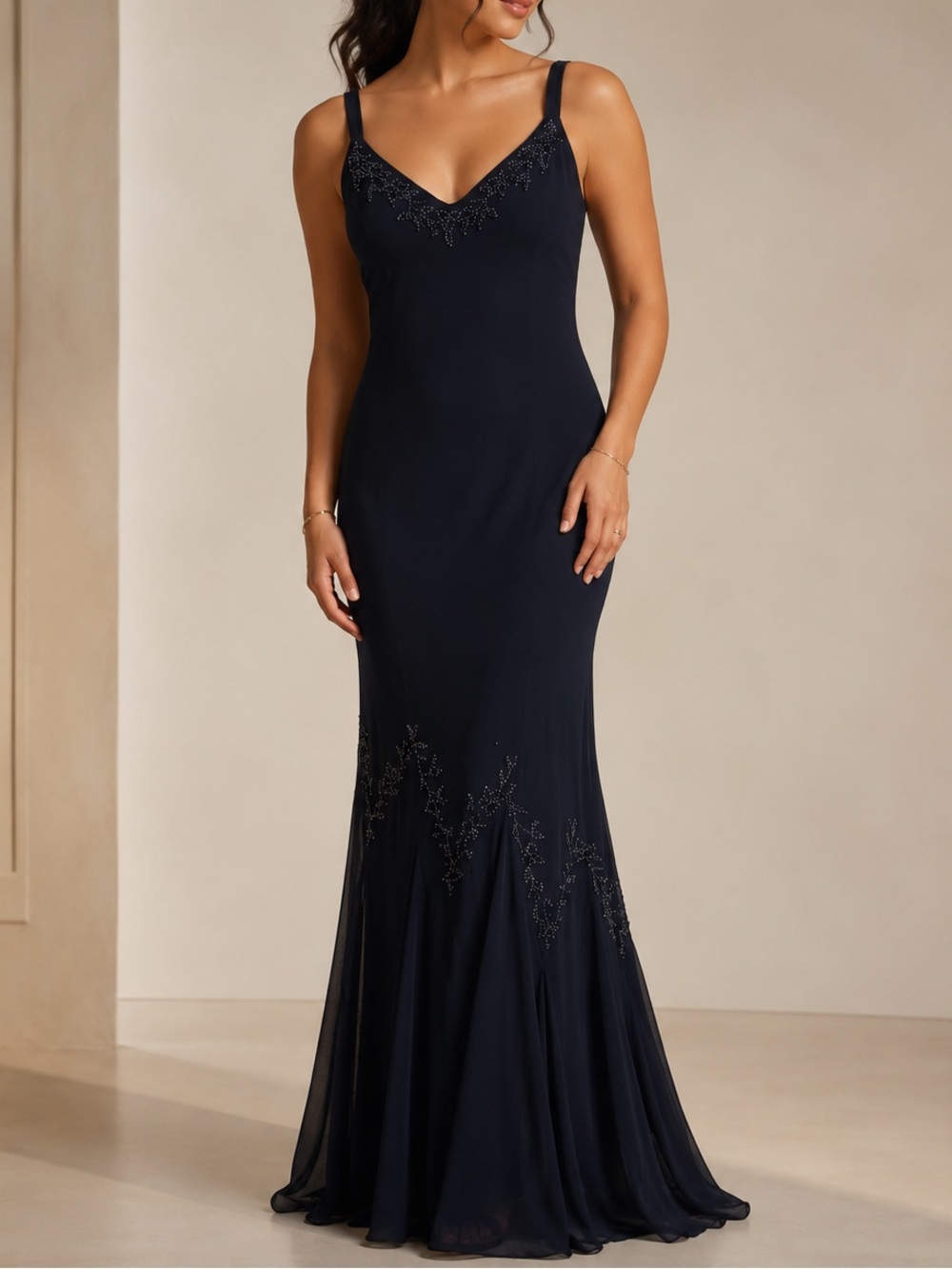 Navy Hand Beaded V-Neck Fluted Hem Maxi Dress